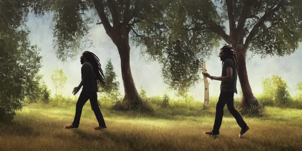 Prompt: side shot of a man with dreadlocks walking while playing the guitar with trees in the background, beautyful painting, hyperrealistic, animation, concept art