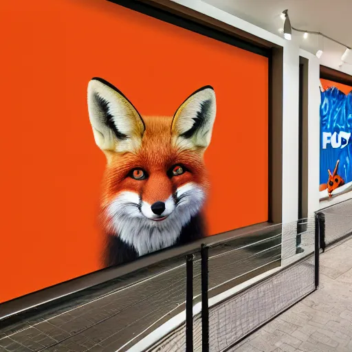 Image similar to a shopping mall picture outside of a fox-themed clothing store vendor, designed after foxes, Fox design patterns on the orange wall, realistic photo