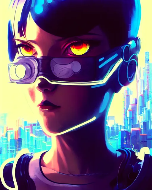 Image similar to a comic potrait of a cyberpunk cyborg girl with big and cute eyes, fine - face, realistic shaded perfect face, fine details. night setting. very anime style. realistic shaded lighting poster by ilya kuvshinov katsuhiro, magali villeneuve, artgerm, jeremy lipkin and michael garmash, rob rey and kentaro miura style, trending on art station