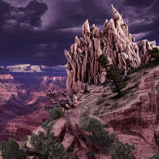 Image similar to dark gothic palace made of rock with tall spires, bristlecone pine trees, grand canyon, ultrawide cinematic 3d render, dark dramatic skies, atmospheric, vultures