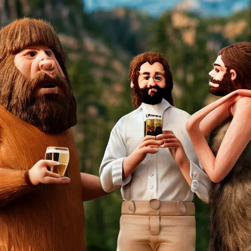 Image similar to caveman getting married drinking a beer in real life, intricate, highly detailed, detailed, hyper realistic, 4 k, 8 k uhd, realistic, great detail