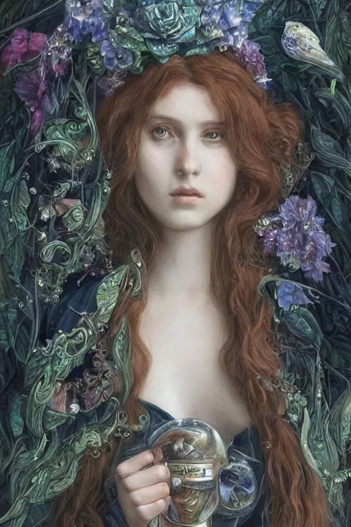 Image similar to An extremely beautiful pre-raphaelite portrait of a very beautiful and cute witch, surreal, ultradetailed, intricate, elegant, digital art painting, concept art, smooth, sharp focus, poster art, art cover illustration, regal, award winning picture, extremely detailed masterpiece, sense of awe, featured on artstation, Artgerm, effervescent punk kawaii-noir pastel bubbles, winning award piece, ethereal rainbows, Aetherpunk, low-key neon lightning, stormy weather, Exquisite details, 8K detail post-processing, matte, oil painting