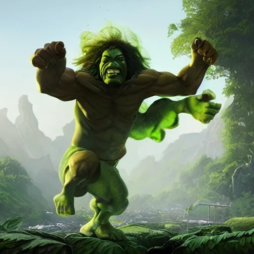 Image similar to snoop dog as big as hulk fights giant ganja plant, cinematic lighting, highly detailed, concept art, art by wlop and artgerm and greg rutkowski, masterpiece, trending on artstation, 8 k