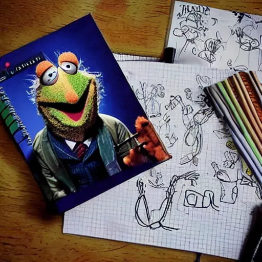 Prompt: notebook lying open on a desk, filled with insane scribbled doodles of muppets, scribbled by a mad scientist