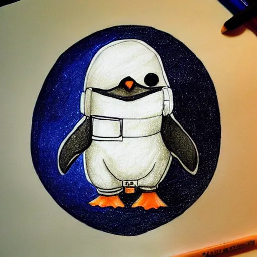 Prompt: cute drawing of a penguin on an astronaut suit, cartoon style