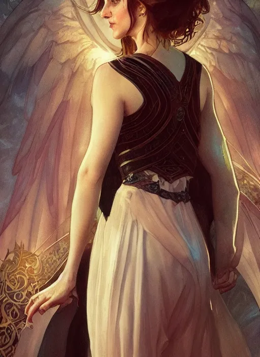 Image similar to Emma Watson as Lucifer morningstar, very detailed, digital art, concept art, illustration, trending on ArtStation, art byvgreg rutkowski and alphonse mucha and J. C. Leyendecker and Edmund Blair Leighton and Ashley wood