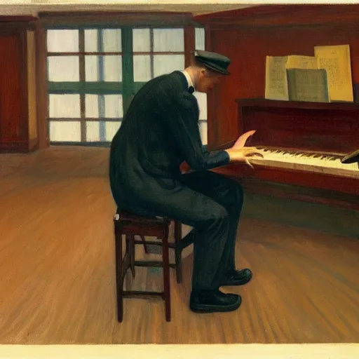 Prompt: a guy playing piano in the library and a prison officer is seeing it, somber, edward hopper