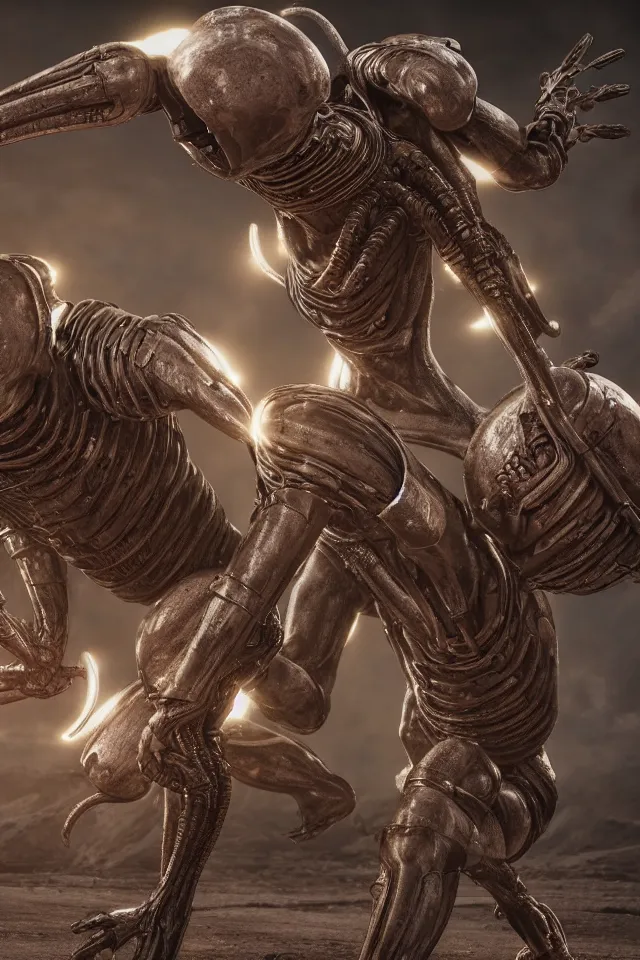 Prompt: Two Alien Mutant Gladiators Battle To Their Demise In Another Universe Moebius HR Giger Style, 8K, octane render, HDR, volumetric lighting, Production I.G. Anime Style