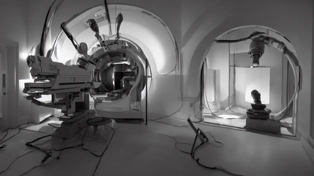 Image similar to an mri section of james cavell in the living room, film still from the movie directed by denis villeneuve with art direction by salvador dali, wide lens