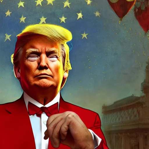 Image similar to donald trump in a red suit, digital art, floating yellow stars, communist, heroic, art by alphonse mucha, wlop, greg rutkowski, 4 k, extremely detailed, cinematic lighting, trending on artstation