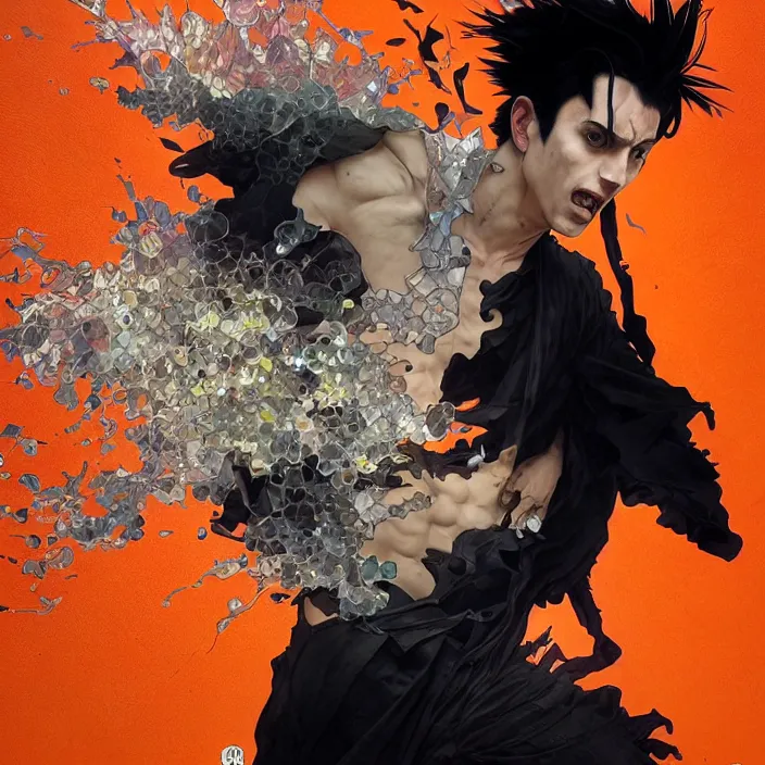 Image similar to a mad guy with spike black hair, orange spike aura in motion, damaged japanese clothes, floating pieces, painted by art by tsuyoshi nagano, greg rutkowski, artgerm, alphonse mucha