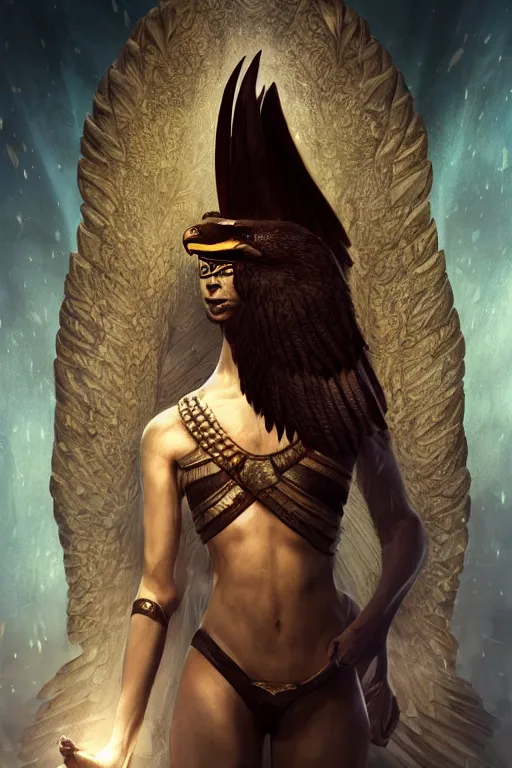 Prompt: rendering by octane, unreal engine, aesthetic, full body skin Egyptian god with an eagle head, animalistic Face like a eagle, realistic feathers, realistic eagle beak , microdetail, in the style of Charlie Bowater and Waterhouse, symmetrical, cinematic lighting, elegant, oil painting, cinematic, portrait, Raphaelite, magical background, magical realism, body shot