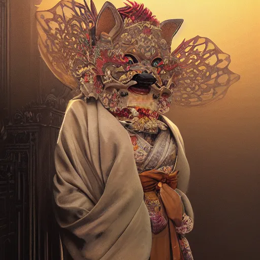 Image similar to a photorealistic dramatic fantasy render of a beautiful woman wearing a beautiful intricately detailed japanese komainu kitsune mask and clasical japanese kimono by wlop, artgerm, greg rutkowski, alphonse mucha, beautiful dynamic dramatic dark moody lighting, shadows, cinematic atmosphere, artstation, concept design art, octane render, 8 k