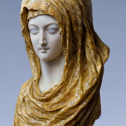 Image similar to a masterpiece marble sculpture of the veiled virgin, subsurface cracks, !dramatic !face, !female, covered in intricate !detailed golden !!streaked veil , physically based rendering, photo realistic, top light , dark background