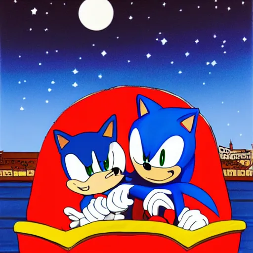 Prompt: Sonic the Hedgehog and Shadow the Hedgehog in a gondola in Venice, moonlit sky, romantic, award winning