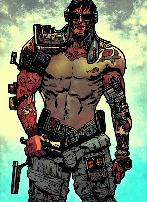 Prompt: cyberpunk buff tattooed mercenary with scenic background. portrait illustration, pop art, art by ashley wood, alphonse mucha, laurie greasley and josan gonzalez. cinematic. dynamic lighting. realistic proportions. creative design. cell shading