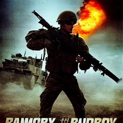 Image similar to rambo movie posters with soldiers, military trucks, helicopters, explosions