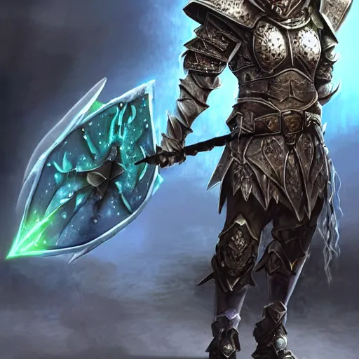 Prompt: fantasy magic warrior, dungeons and dragons, heavily armored, magical aura, hyper realistic, 8k, weapon and shield, glowing eyes, elf orc hybrid