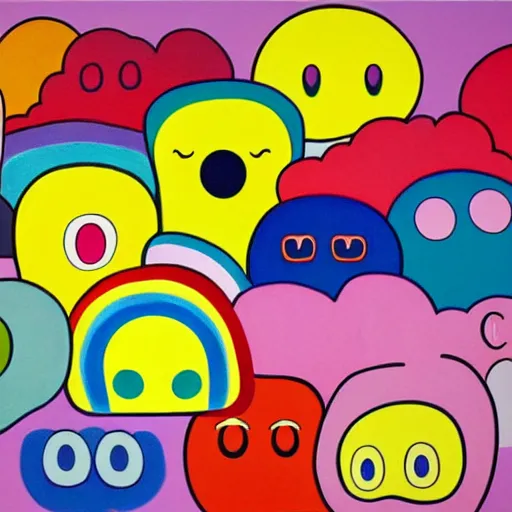 Image similar to clouds with rainbow colors, smiley faces, Edvard Munch, David Hockney, Takashi Murakami, Minimalist,