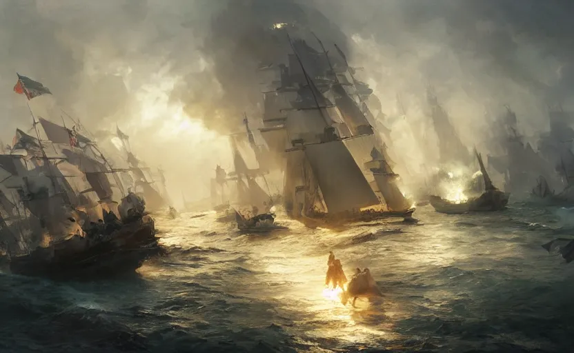 Image similar to Epic naval battle, elegant, volumetric lighting, digital painting, highly detailed, artstation, sharp focus, illustration, concept art, ruan jia, steve mccurry