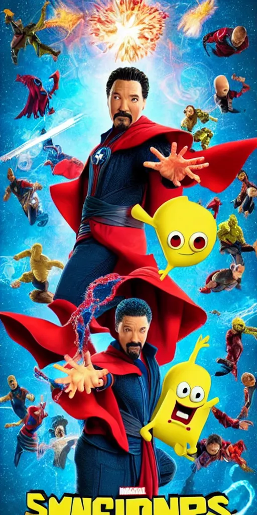 Image similar to Marvel movie poster for Dr Sponge With Dr Strange being portrayed by Spongebob