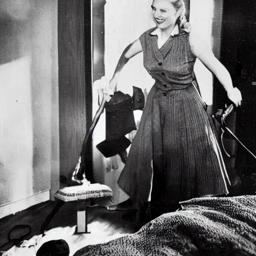 Prompt: kirsten dunst cleaning a bedroom, newspaper photograph, 1942