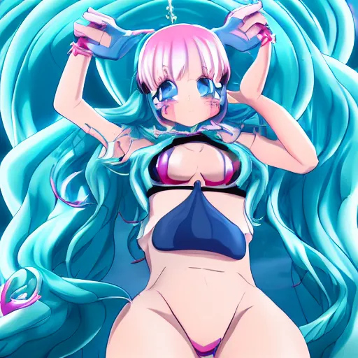 Image similar to viewed from frog's perspective, stunningly beautiful omnipotent megalomaniacal anime goddess with extremely bright glowing porcelain skin, pink twintail hair and mesmerizing cyan eyes, symmetrical perfect face smiling in a mischievous, devious and haughty way while looking down upon the viewer, mid view, hyperdetailed, 2 d, 8 k