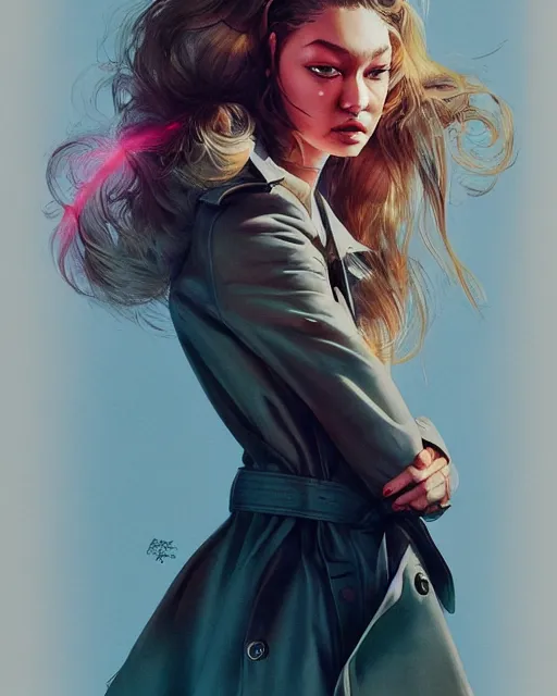 Image similar to gigi hadid wearing fashionable trench coat, volumetric lighting, conrad roset, jesper ejsing, artgerm, artstation, halo of light