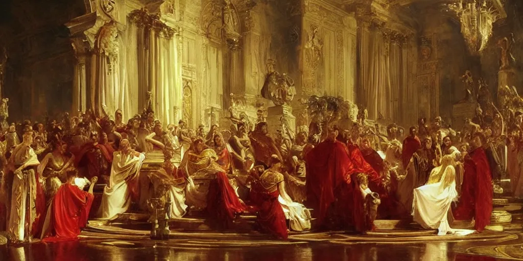 Image similar to beautiful oil painting, steve buscemi in royal crimson robes enthroned as the god emperor of ancient rome surrounded by servants in gilded halls a golden wreath upon his head, by anders zorn, wonderful masterpiece by greg rutkowski, beautiful cinematic light, american romanticism, by thomas lawrence, greg rutkowski