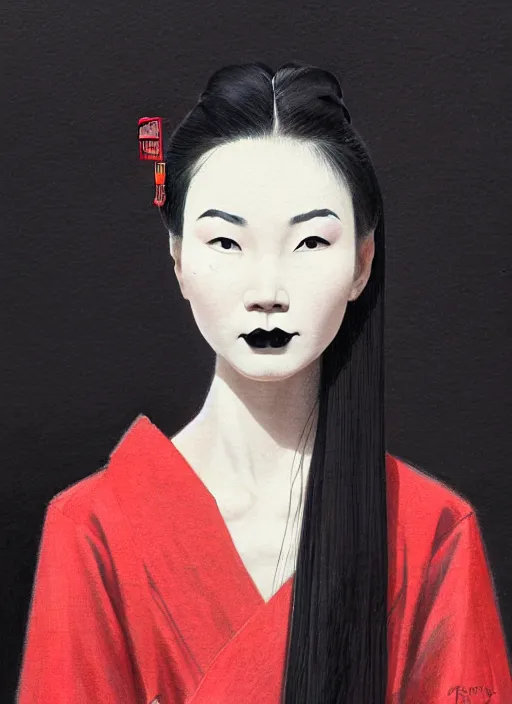 Image similar to portrait of a chinese woman with a crooked nose and a confident expression, 1 9 6 0 s, black clothes, goth, punk, brightly coloured hair, funk, intricate, elegant, highly detailed, digital painting, artstation, concept art, smooth, sharp focus, illustration, art by wlop, mars ravelo and greg rutkowski