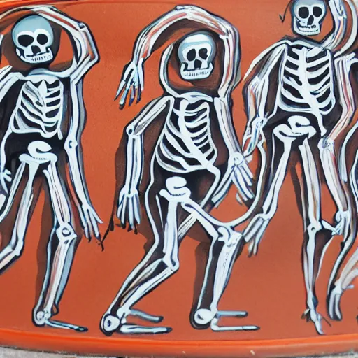 Image similar to skeletons running, painted on a jar, roman, abstract, orange theme, 8k resolution