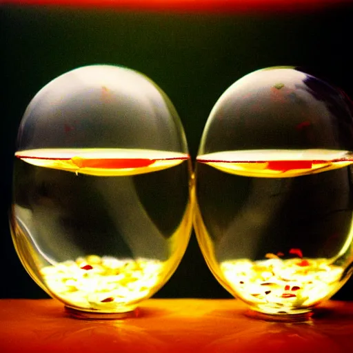 Prompt: two goldfishes swimming in the same fishbowl in a wong kar wai movie, photorealistic, 3 5 mm