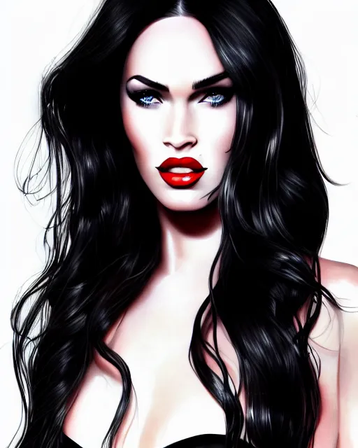 Prompt: closeup portrait beautiful seductive megan fox with long windblown hair in a black party dress, red lipstick, glamour pose, detailed illustration, digital art, trending on artstation, arney freytag, graffiti, gta 5,