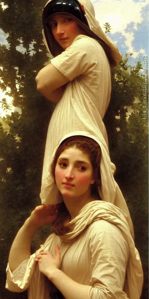 Image similar to portrait of a woman in astronaut helmet an ancient human specie, by bouguereau