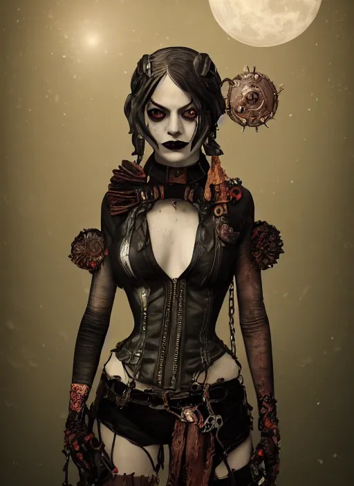 Image similar to underwater dark goth gothic steampunk portrait of emma stone as harley quinn, full moon, hyper detailed, digital art, cinematic lighting, studio quality, smooth render, unreal engine 5, octane rendered, art style by klimt and nixeu and ian sprigger and krenz cushart.