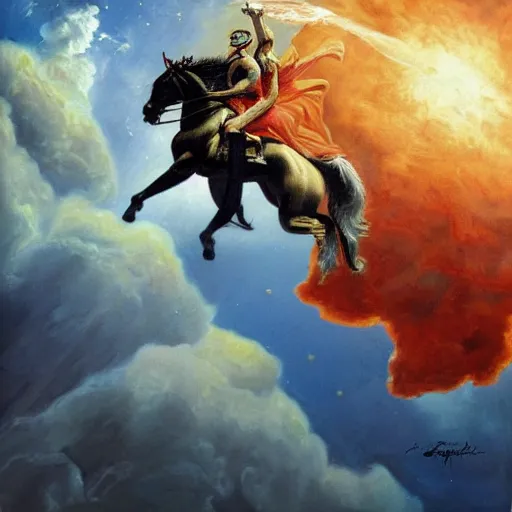 Image similar to An ultra realistic portrait painting of Napoleon Bonapart flying in space in the style of Frank Frazetta, 4k, Ultra realistic, Highly detailed, Dark fantasy, Epic lighting