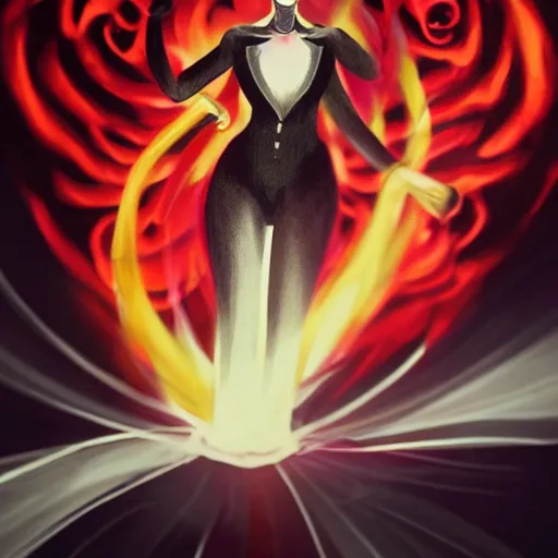 Image similar to Woman made of black flames, wearing a strict business suit, with no face, with glowing red eyes, with a red halo over her head, with red halo glowing out of her wrists, looking off to the side, growing out of a giant rose, rose petals flying in the wind, war, authoritarian, tense, madness combat, strong dramatic cinematic lighting , blood red sky, grey skin, smooth, sharp focus, extremely detailed, illustration, digital painting, artstation, indieground, sharp focus, by Godmachine, alphonse mucha''