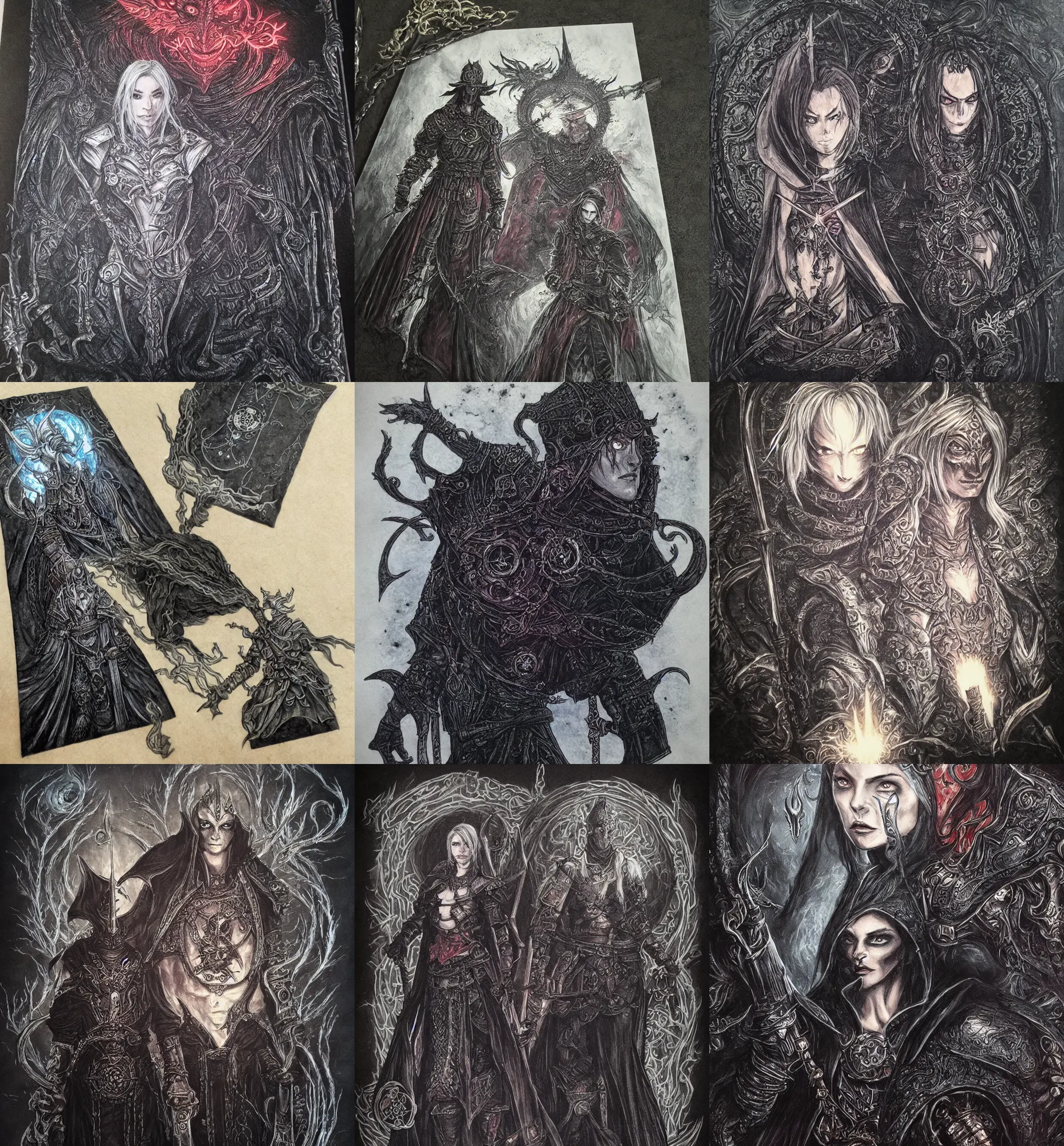 Prompt: baldur's gate character portrait, bloodborne, sorceress, magic, black paper, tarot card