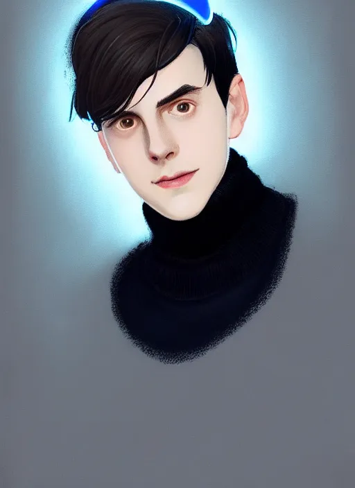 Image similar to portrait of teenage jughead jones wearing a light grey crown, crown, blue turtleneck, closed eyes, photorealistic, black hair, glowing lighting, intricate, elegant, glowing lights, highly detailed, digital painting, artstation, concept art, smooth, sharp focus, illustration, art by wlop, mars ravelo and greg rutkowski