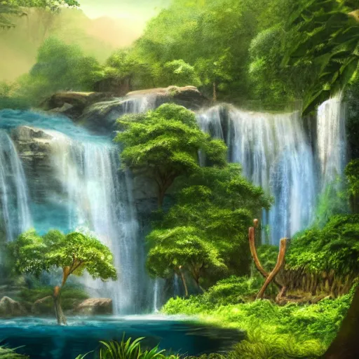 Image similar to Waterfall in the middle of the jungle, 8k, detailed, concept art, trending on artstation