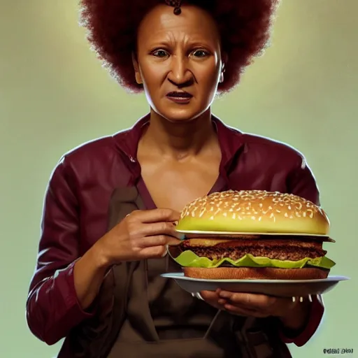 Prompt: portrait of wanda sykes eating hamburgers, extra onions and ketchup, luscious patty with sesame seeds, ethereal, handsome, d & d, fantasy, intricate, elegant, highly detailed, digital painting, artstation, concept art, matte, sharp focus, illustration, art by artgerm and greg rutkowski and alphonse mucha