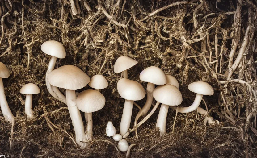 Image similar to a photography from afar of a creepy mushroom family, terrifying, photorealistic, 2 4 mm