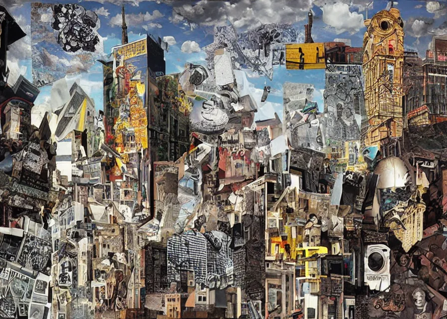 Image similar to surrealistic collage art, city