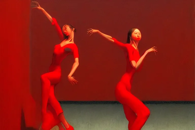 Image similar to only with red, a woman dances, tokio, in the style of beksinski, parts by edward hopper, parts by rodcenko, parts by yue minjun, intricate and epic composition, red by caravaggio, insanely quality, highly detailed, masterpiece, red light, artstation, 4 k