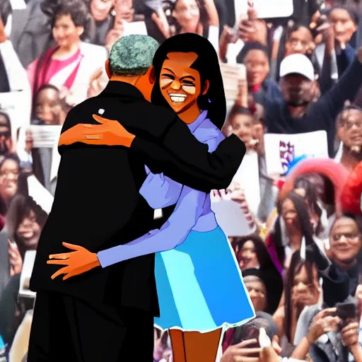 Image similar to Barack Obama hugging his anime waifu, trending on Twitter, set on afternoon