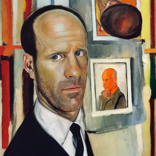 Prompt: portrait of jason statham pet detective standing atop a garbage truck giorgio de chirico mark rothko lucian freud greg rutkowski