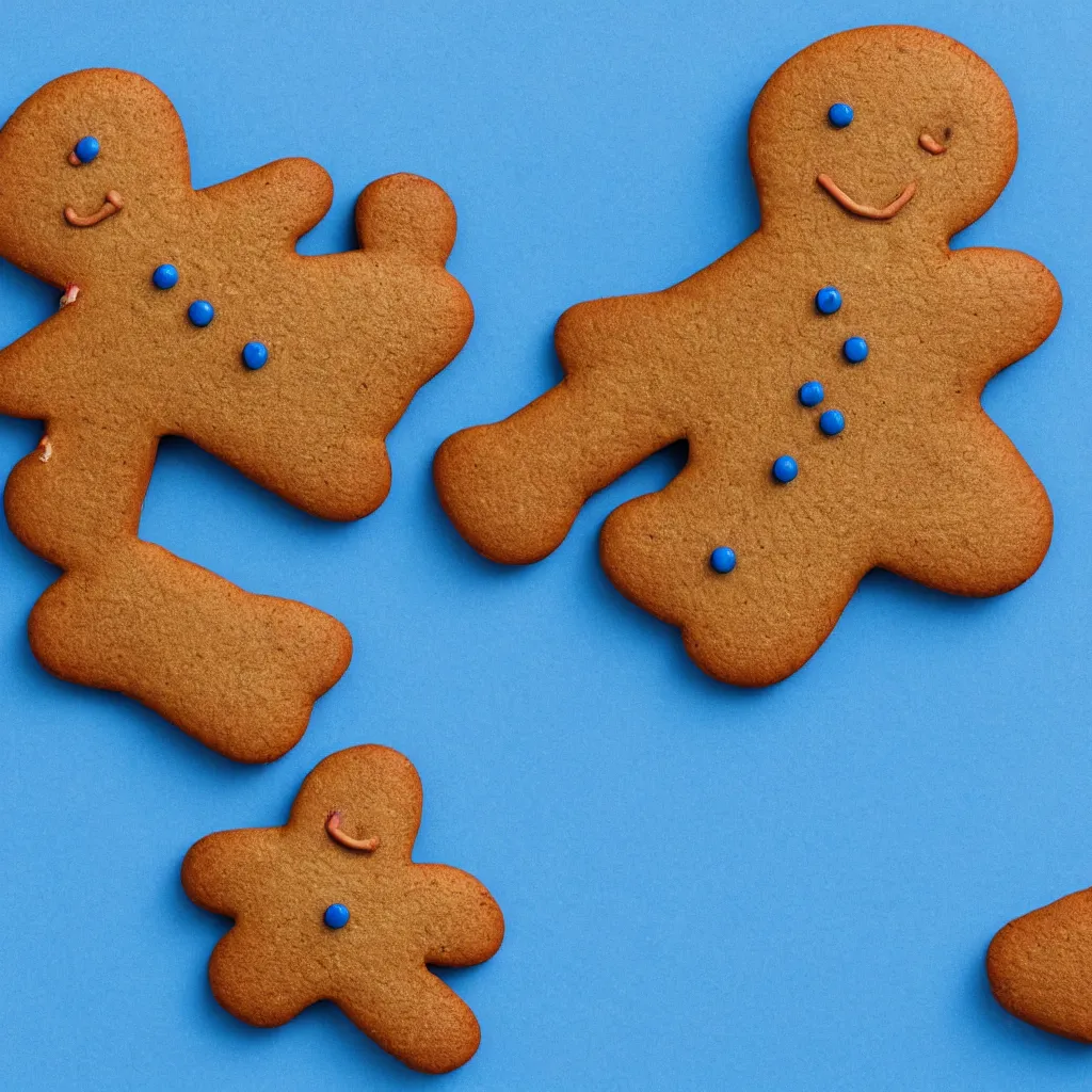 Image similar to top-down view of a gingerbread man on top of a blue surface, 8k, high detail, photorealistic, proper shading