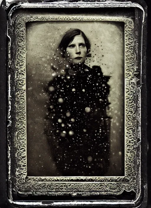 Prompt: old wetplate daguerreotype portrait, explosion of data fragments, fractal, intricate, elegant, highly detailed, parallax, leica, medium format, subsurface scattering, by marie harnett