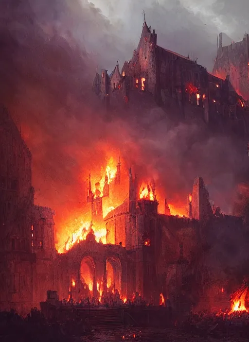 Image similar to a medieval castle burns, epic atmosphere, by greg rutkowski, nature by asher brown durand, composition by yoshitaka amano