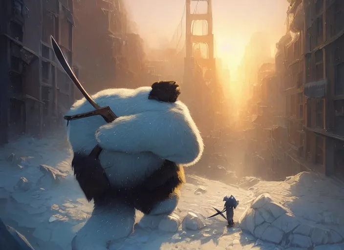 Image similar to highly detailed portrait of ice bear with axe, rampaging through san fransisco, art by greg rutkowski, loish, rhads, ferdinand knab, makoto shinkai and lois van baarle, ilya kuvshinov, rossdraws, tom bagshaw, global illumination, radiant light, detailed and intricate environment